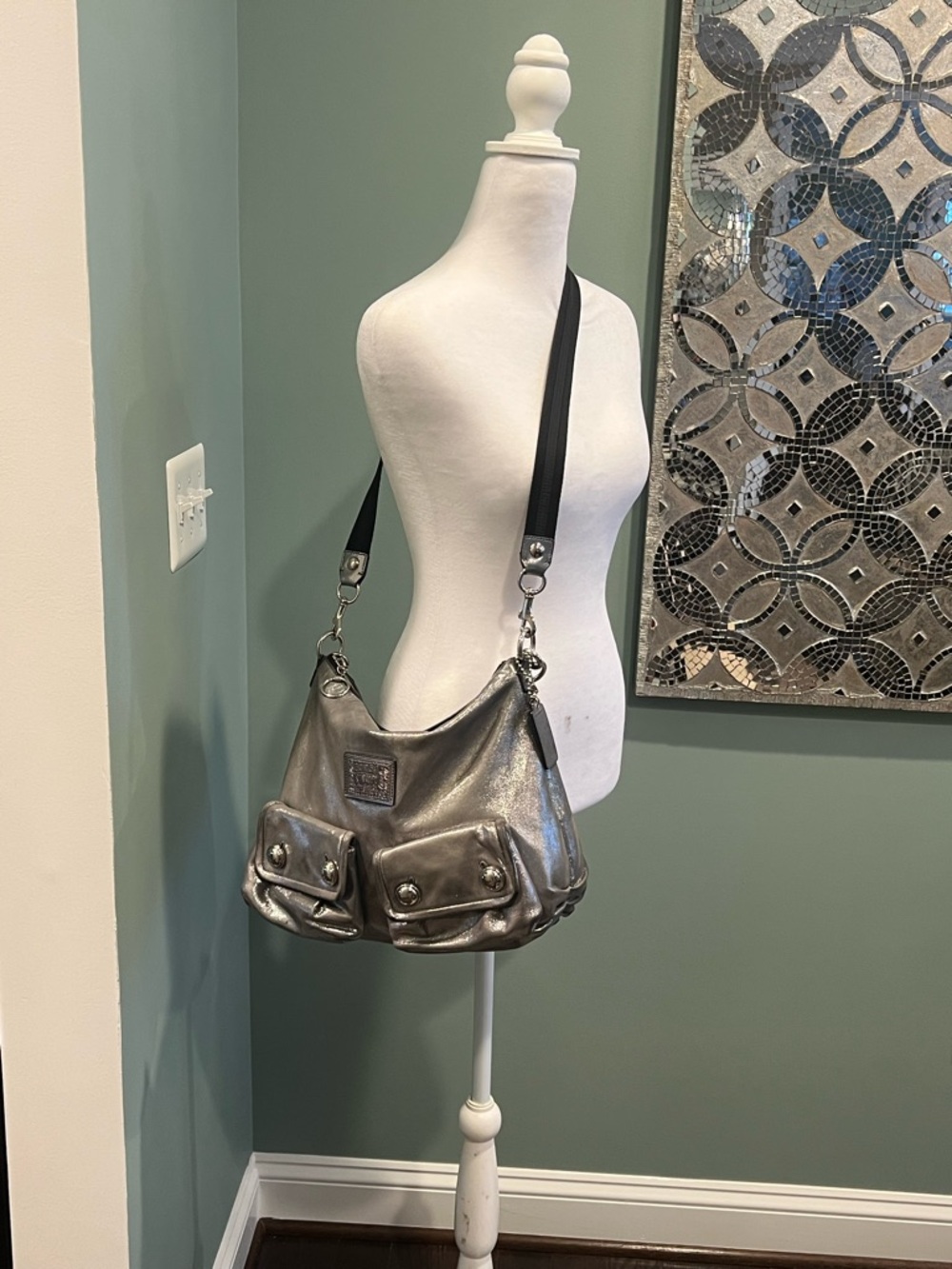 Coach 14561 Poppy Metallic Silver Leather Double Front Pocket Bag